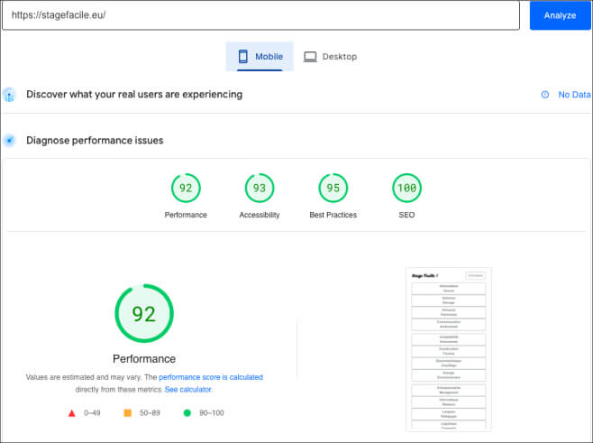 Capture d'écran des performances du site internet Stage Facile